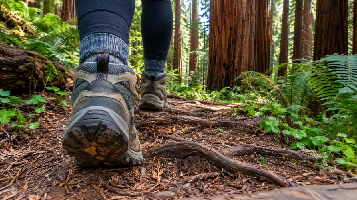 Hiking shoes on a dirt trail crossed by redwood roots