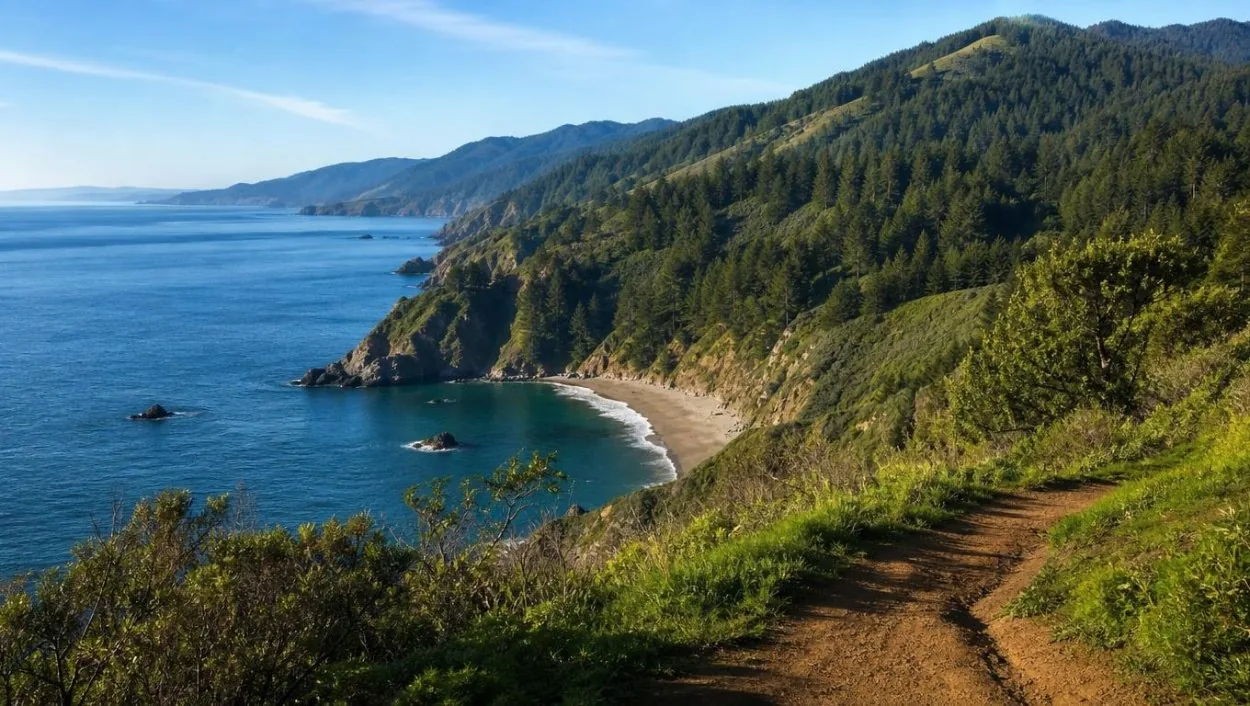 The Pacific coast and Muir Beach seen from the ridge above