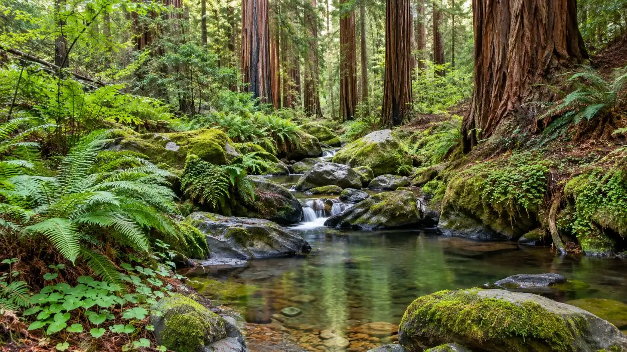 Redwood Creek in winter with clear pools between ferns
