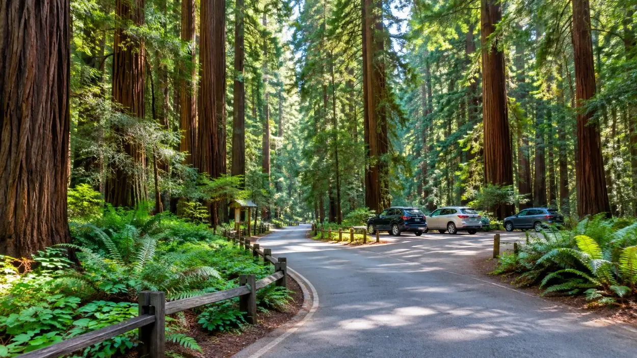 The entrance road and a small parking area under tall trees