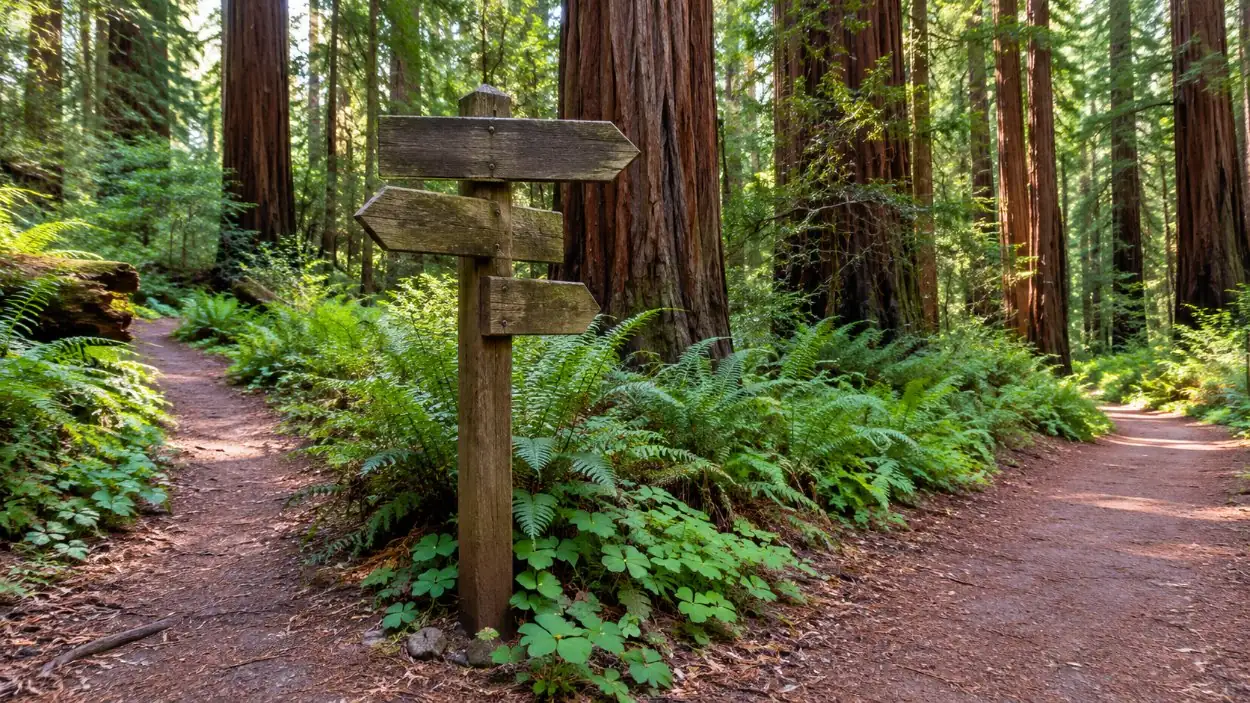 A wooden trail signpost at a junction in the redwood forest