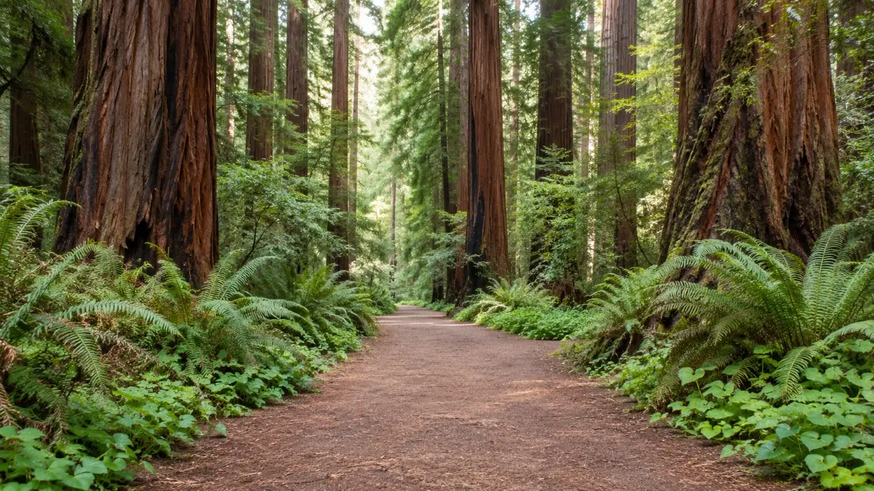 A level redwood trail on the valley floor of Muir Woods