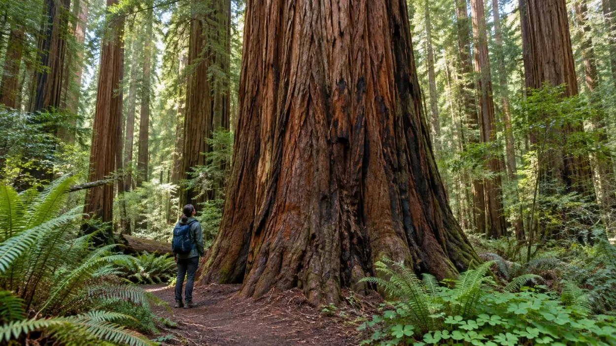 The base of a huge redwood trunk with a hiker standing beside it for scale