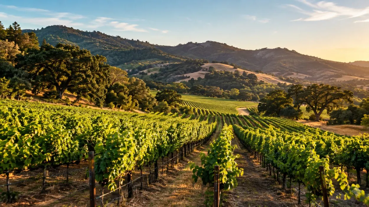 Rows of vines in a Sonoma valley vineyard