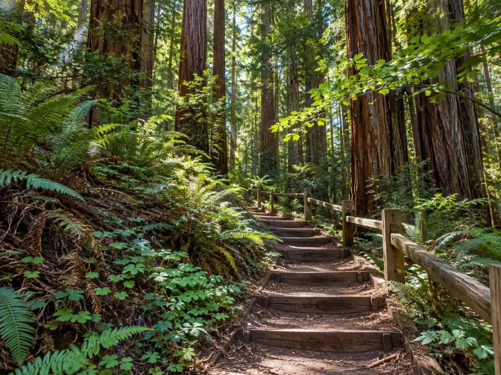 Wooden steps of the Dipsea Trail through the forest