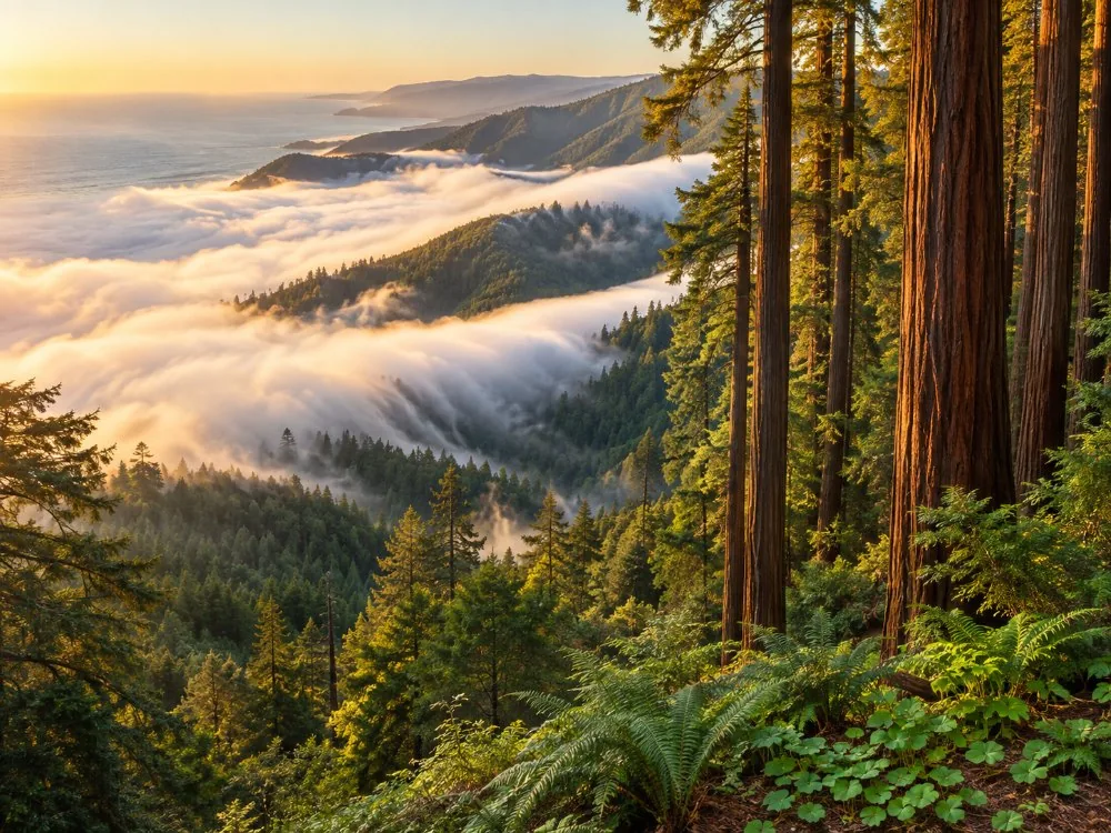 Coastal fog pouring over the forested ridges of Mount Tamalpais