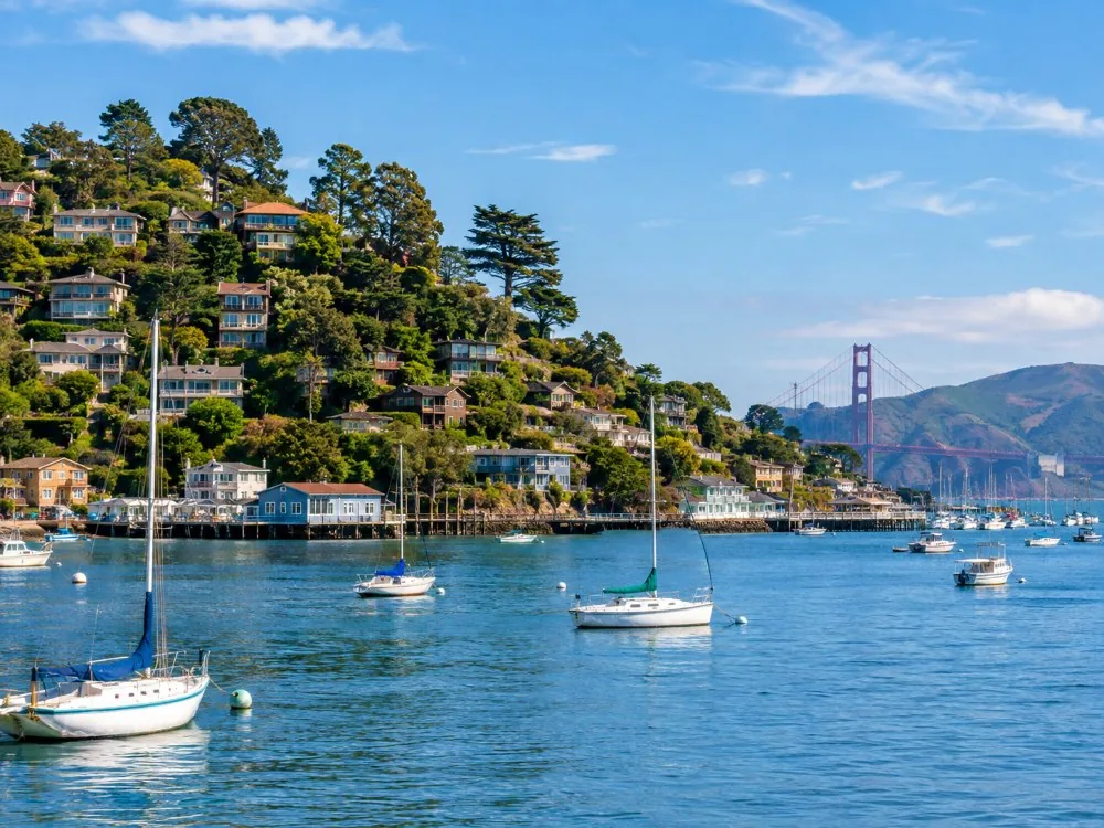 The Sausalito waterfront and hillside houses on the bay